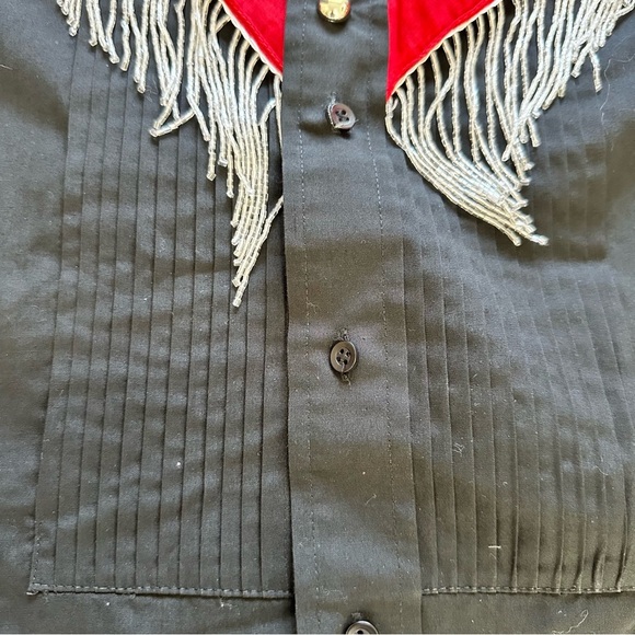 Womens Medium Fringe Western Button Down Shirt Sequins Black Red Rodeo Cowgirl - Picture 9 of 9